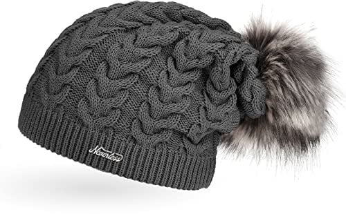 Neverless Coole Damen Strickmütze Strick-Beanie gefüttert mit Fell-Bommel, Winter-Mütze, Bommelmütze, dunkelgrau Unisize