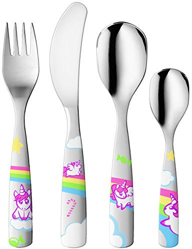 Gnali & Zani Einhorn Kinder Besteck Set 4-teilig | je 1x Messer, Gabel, Ess- und Teelöffel | Rostfreier Edelstahl | Spülmaschinenfest | Kinderbesteck ab 3 Jahre in hochwertiger Geschenkbox