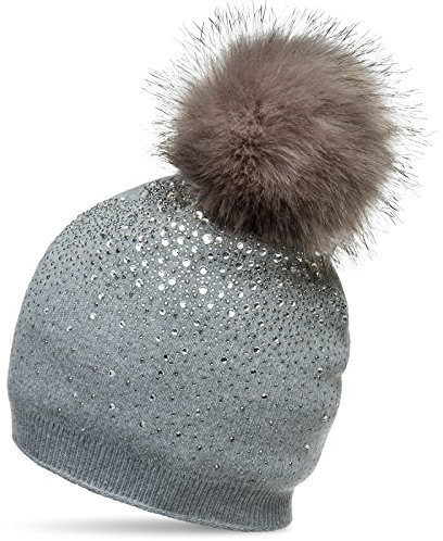 Caspar MU188 Damen Fein Strick Glitzer Strass Winter Mütze mit Fellbommel, Farbe:grau, Größe:One Size