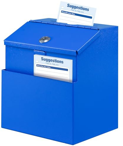KYODOLED Vorschlagsbox mit Schloss und 50 kostenlosen Vorschlagskarten, Metall Wandmontierte Wahlurne, Spenden- und Sammelschlüssel-Dropbox mit Schlitz und 2 Schlüsseln, 21,6 x 15 x 18 cm, Blau