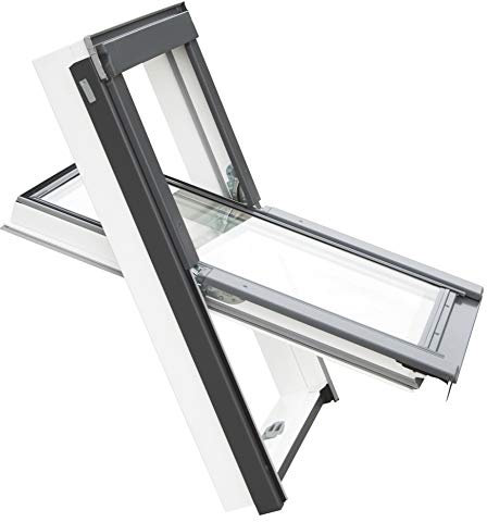 YARDLITE APX White PVC Roof Window, Centre-Pivot, Double Glazed Loft Attic Skylight. Easy to Install, Bundle with Plain, Slate, Tile or Universal Flashing - C4A (55 x 98cm) + Universal Flashing