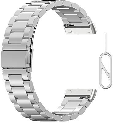 Yikamosi Kompatibel mit Fitbit Versa3 Armband/Sense Armband,Schnellverschluss Edelstahl Metall Ersatzarmband Damen Herren Wristband Uhrenarmbänder für Fitbit Versa3/Sense,Silber