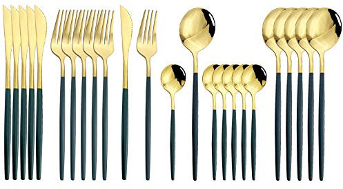JASHII Set di posate da 24 pezzi, set di posate in acciaio inox, set di posate in oro verde, moderno ed elegante set di stoviglie per feste, Natale, cena (verde oro)