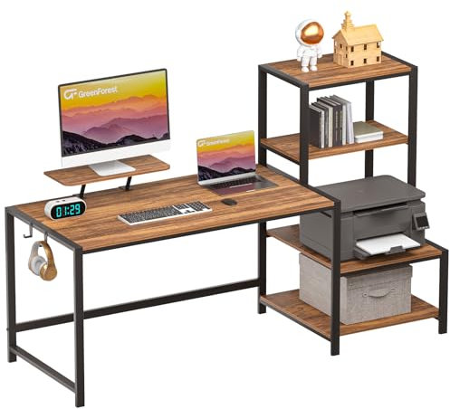 AONELAS GreenForest Computer Desk 59 inch with Storage Printer Shelf Reversible Home Office Desk with Movable Monitor Stand and 2 Headphone Hooks for Study Writing PC Gaming Working, Walnut