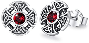 Keltische Kreuz Ohrringe 925 Sterling Silber Keltische Ohrstecker Klein Ohrstecker Roter Zirkon Ohrringe Retro Geschenke für Mädchen Herren Sohn Teenager Geschenk