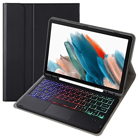 Bueuwe Funda con Teclado para Galaxy Tab A8 de 10,5 Pulgadas 2022 (SM-X200/X205/X207) - Contiene Ñ, Teclado Desmontable inalámbrico - Retroiluminación de 7 Colores,Negro