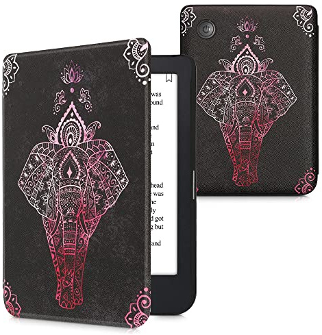 kwmobile Schutzhülle für Kobo Clara 2E / Tolino Shine 4 Hülle - eReader Flip Case mit Auto Sleep Funktion - Elefant Zeichnung mit Pink Anthrazit