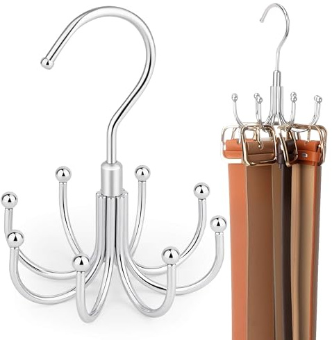 ZEDODIER Belt Organizer for Closet, Heavy-Duty Rotating Belt Hanger Rack Holds up to 24 Belts, Hanging Space Saving Metal Belt Holder for Closet Storage, Silver