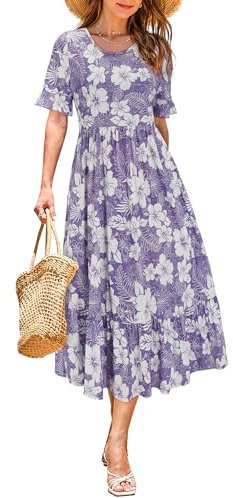 STYLEWORD Women Summer Dress Floral Short Sleeve Ladies Casual Swing Midi Dress with Pockets(Floral-O,Large)