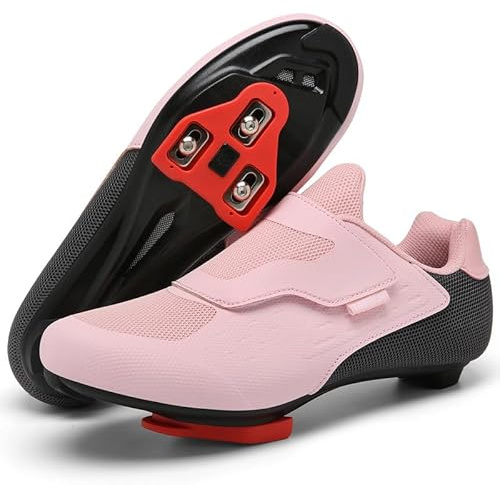 Unisex Rennrad-Radschuhe, kompatibel mit Peloton-Fahrradreitschuhen für Damen und Herren, 1 breiter Riemen, vorinstallierte Delta-Stollen für Indoor-Outdoor-Radfahren (Rosa, 42)