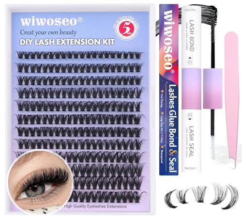 wiwoseo DIY Lash Extension Kit, 240Pcs Lash Clusters Individual DIY Eyelash Extension Kit Natural DD Curly Cluster Lashes with Lash Bond and Seal, Application at Home Lash Extensions Kit (50p, 9-16MM)