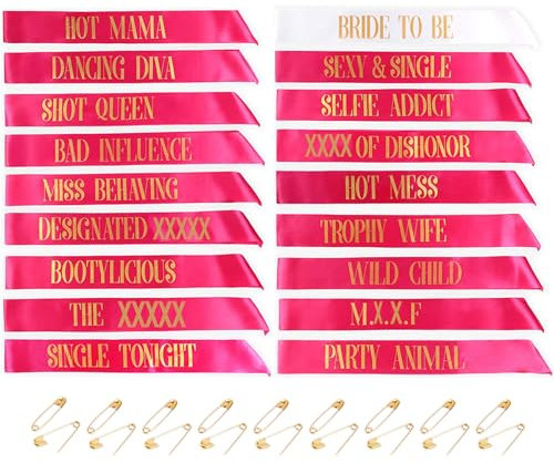 STAY GENT Hen Party Sashes 18Pack Team Bride Sash Set Hen Do Accessories 1 White Bride to Bed Sash & 17 Rose Red Hen Night Bridesmaid Bride Tribe Sashes for Team Bridal Shower Wedding Party Decoration