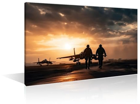 1 Paneele Jets Poster Air Force Wandkunst Luftwaffe Flugzeug Poster Gerahmte Wandkunst Soldaten und das Flugzeug im Sonnenuntergang Kunstdrucke Giclée-Druck Galerie Verpackung Kunstwerk fertig zum