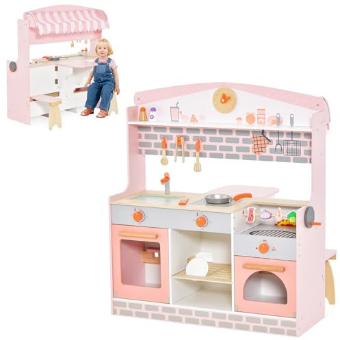 GOPLUS Cocina Juguete Grande de Madera con Luz y Sonido, Cocinita Infantil con Lavadora Horno Accesorios Divertidos, Cocinitas de Juguetes, Regalo para Niños más de 3 Años (Rosa 1)