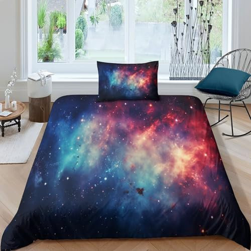 POCHY Galaxie-Steppdecke Bettbezug-Set Bedrucktes Weiches Mikrofaser-Bettwäsche-Set Für Erwachsene Teenager Kinder 2 Stück Mit Reißverschluss Für Heimtextilien Single(135x200cm)