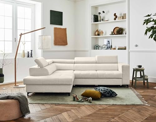Lisa Design Olinda - Ecksofa mit Ecke Links - 5 Sitzplätze - Schlaffunktion, Bettkasten und verstellbare Kopfstützen - aus Stoff Beige