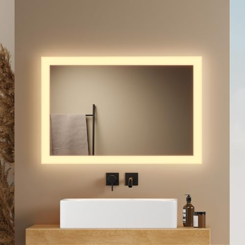 EMKE Badspiegel mit Beleuchtung 40x60 cm, 3000K Warmweiß | LED Badezimmerspiegel, Wandschalter-Steuerung, Vertikal/Horizontal Montage, IP44 Schutz, für Badezimmer & Gäste-WC