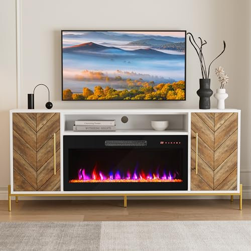 BELLEZE 172,7 cm Holz-TV-Ständer mit 91,4 cm elektrischem Kamin, Unterhaltungszentrum mit Aufbewahrungsschrank, Konsolentisch für Fernseher bis 190 cm, für Wohnzimmer, Schlafzimmer - Harper (Weißes