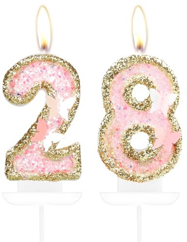 Candele a forma di farfalla numero 28, candele per 28° compleanno in oro rosa per torta, decorazioni per torta per il 28° compleanno delle ragazze, decorazione per torta con farfalla dorata 28