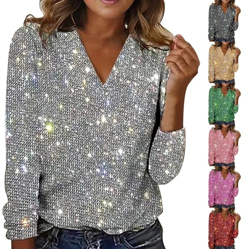 Nidddiv Women's Sequin Tunic Tops V Neck T Shirt Casual Solid Color Jumpers Long Sleeve T-Shirts Loose Ladies Blouses Sparkly Tunic Tops Glitter Tee Shirts Pullover Women UK Elegant Size S-XXL Red