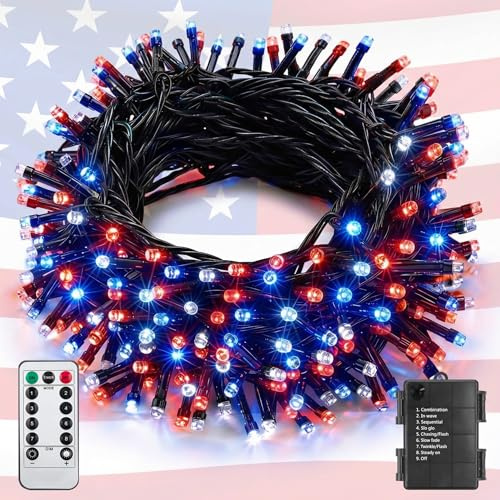 ITICdecor 4th of July Decorations 100 LED Red White and Blue Fairy String Lights, 33Ft String Lights Battery Operated Waterproof, 8 Modes Connectable Patriotic Lights for Home Yard Patio Party Decor