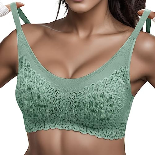 EQWIGKEIT Damen Komfort Tief V BH Damen Ohne Bügel Push Up Nahtlos Sport BH Gepolstert Spitzen Bra Weich Seamless Stretch Bustier Mittel Halt Bügelloser Schlaf BH Klassische Top für Alltag Yoga