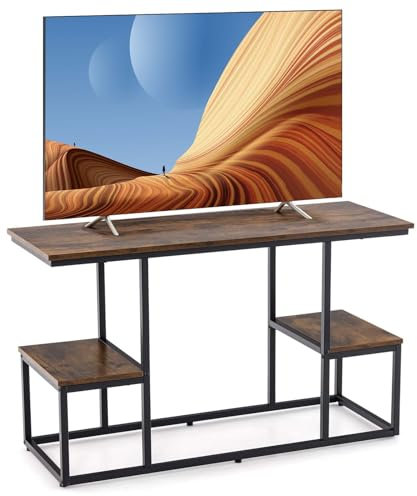 CASART 2-Tier TV Stand, Industrial TV Console Table with Metal Frame & Storage Shelves, Wooden Entertainment Unit Display Shelf for Living Room Bedroom