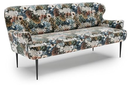 CAVADORE 3-Sitzer Küchensofa Amba, Trendige Sitzbank für Küche oder Esszimmer / 193 x 97 x 87 / Jacquard Flachgewebe: Blumenmuster Blau