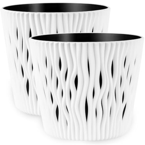 PECZEKO Macetas mate – Macetas decorativas para flores y hierbas, duraderas y ligeras, redondas, de plástico, para salón y comedor, cocina, terraza, balcón, juego de 2 unidades (blanco, diámetro 13
