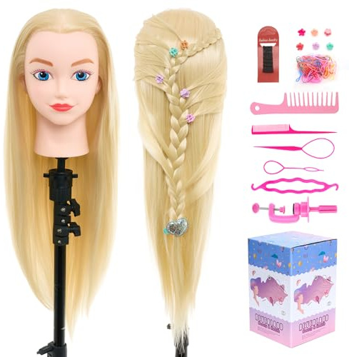 Neverland Beauty & Health 20 Synthetic Fiber Hair Training Head Hairdressing Practice Mannequin Manikin with Mannequin Head Stand Hair Styling Braid Accessoires Set(Gold)