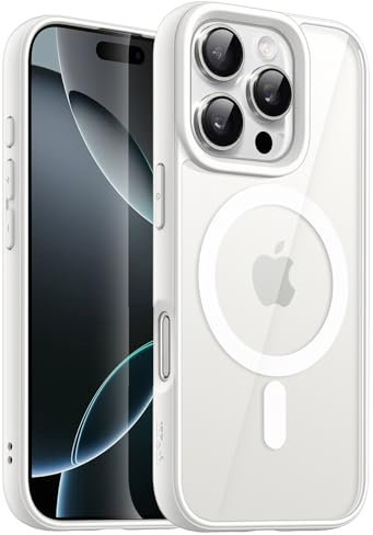 JETech Magnetic Case for iPhone 16 Pro 6.3-Inch Compatible with MagSafe, Shockproof Phone Bumper Cover, Solid Color Matte TPU Frame, Anti-Scratch Clear Back (White)