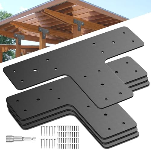 4 Pcs T Post Timber Brackets, 12x8 Inch Heavy Duty T Brackets, Made of Heavy Duty Metal, T Shaped Flat patching Plates for 4x4, 6x6 Lumber, for Repairing Houses, gazebos, trusses