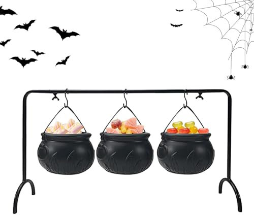 Zibeem Set of 3 Witch Cauldron Bowl Halloween Black Cauldrons Candy Bucket Witches Cauldron Serving Bowls Rack Witch Cauldron Set Trick Or Treat Candy Pail Holder Halloween Decoration