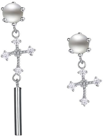 Tropfen Ohrringe Silber 925, Ohrringe Hängend Silber Perlenkreuz Zirkonia Ohrringe Damen 3.2 x 0.9 cm