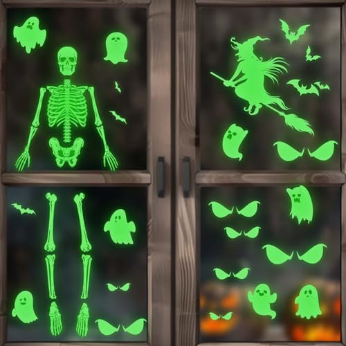 4 Pegatinas Luminosas de Halloween, Decoraciones que Brillan en la Oscuridad para Ventanas, Espejos, Paredes y Hogar - Fiestas de Halloween