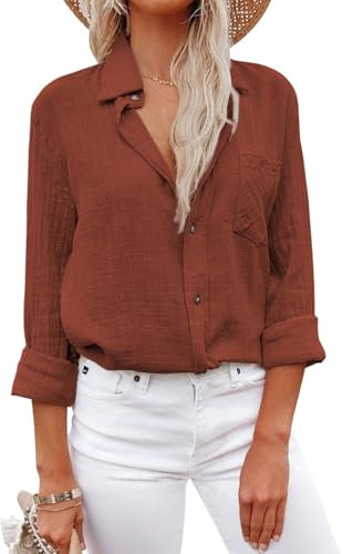 Musselin Bluse Damen Lässiges Langarm Hemdbluse Viscose und Leinen Blusen & Tuniken Oberteile mit Tasche