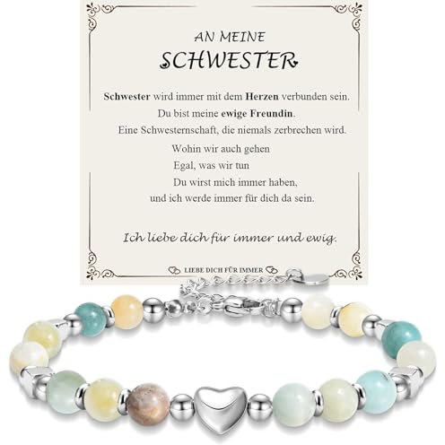 JEWTOP Geschenke für Schwester, Geschenk Schwester Armband An Meine Schwester Geschenke zum Geburtstag Weihnachten Abschluss Einschulung (Amazonite)