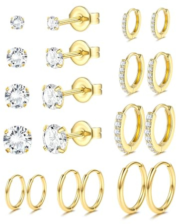 JeweBella 10 Pairs Klassisch Kleine Ohrringe Set für Damen Herren Hypoallergen Chirurgenstahl Medizinische Ohrstecker Creolen Set Piercing Ohr Knorpel Ohrringe Set für Mehrere Ohrlöcher Silber/Gold