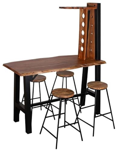 MR. DEKO Bartisch Set Capua Mango Massivholz Vintage | Bar-Set mit 4 Barhockern ohne Lehne | Tisch mit Baumkante | Essgruppe 5-teilig Esszimmer Küche | komplette Bar mit Weinregal