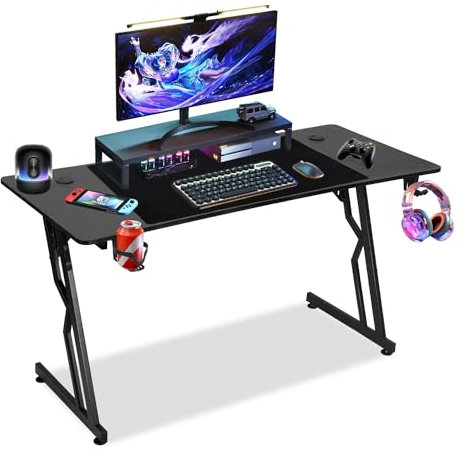 Ollewiellan Gaming Schreibtisch 120 x 60cm, Ergonomischer Gaming Tisch, Stabiler Gamer Tisch, PC Tisch Gaming mit Kohlefaserbeschichtung, Computertisch mit Getränkehalter und Kopfhörerhaken, Schwarz