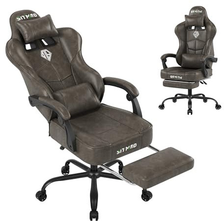 Gaming Chair with Footrest, Video Desk Computer Ergonomic Chair, Big and Tall PC Chair with Headrest Lumbar Support, Game Chairs PU Leather Height Adjustable 360° Swivel Office Chair for Adult-Brown