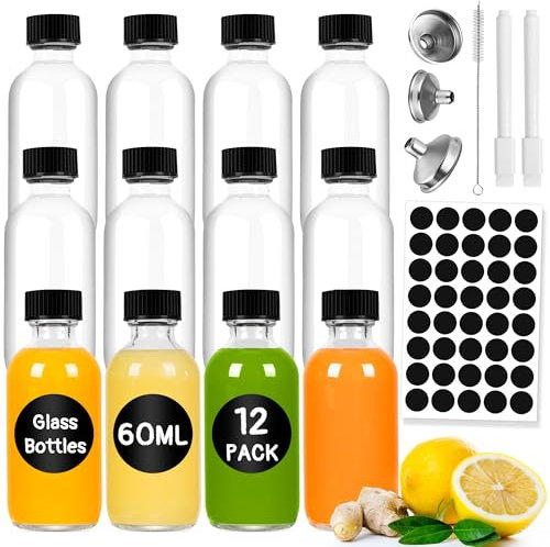 Gucass Lot de 12 bouteilles à shot à remplir, de 60 ml, petits verres à shot avec couvercle, bouteilles en verre à remplir avec entonnoir, étiquettes, stylo et brosse, mini bouteilles pour jus