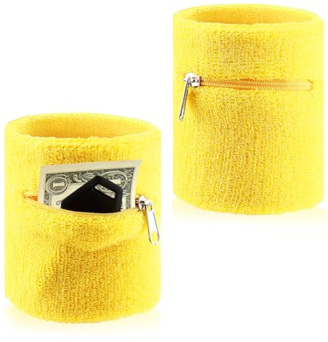 2 Pcs Schweißband mit Reißverschluss, Sweatband Sports Wristband, Schweißband mit Tasche,Thickened Cotton Wrist Bag, Schweißband Handgelenk mit Reißverschluss für Basketball Fußball & Fitness, Gelb