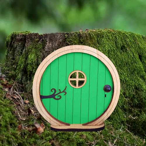 Gwezmxs Holz Feentür Wichteltür für Baum & Garten, Fairy Door - Grün, 10,5 x 10,5 cm
