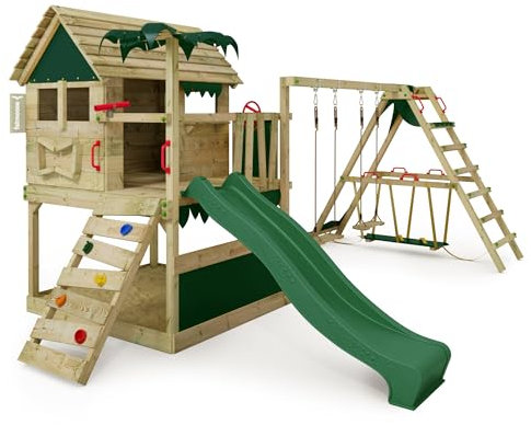 FATMOOSE Spielturm Klettergerüst TikaTaka Town XXL mit SurfSwing, Schaukel & grüner Rutsche, Outdoor Kinder Kletterturm mit Sandkasten Leiter & Spiel-Zubehör für den Garten