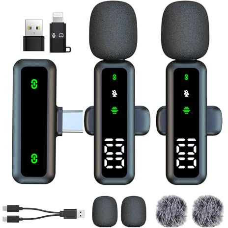 Microfono Lavalier wireless aggiornato, dotato di display digitale di alimentazione, per iPhone/Android/iPad/Computer, per registrazione video, Tiktok, Youtube, Vlog, microfono clip on (con funzione
