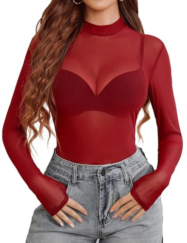 Avidlove Women's Mesh Tops Sexy T-Shirt Casual Blouse Y2K Party Clubwear | soft breathable lace fabric, long sleeve half mock neck design, versatile for all seasons, slim fit Halloween festival outfit