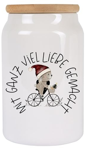 Kilala Weihnachtliche Keksdose aus Keramik mit Holzdeckel – Luftdicht, 650 ml, mit Winterlichen-Motiv und Spruch – für Plätzchen & Süßigkeiten (Hase/viel Liebe)
