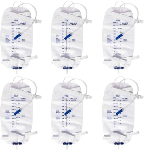 6 Stück 1000ml Urinbeutel Beinbeutel mit 30cm Schlauch, Urindrainagebeutel mit Anti Reflux Ventil und Ablass, 6.5mm Drainageschlauch,Verstellbaren Stoffbändern,Urindrainagesystem,Urinbeutel Beinbeutel