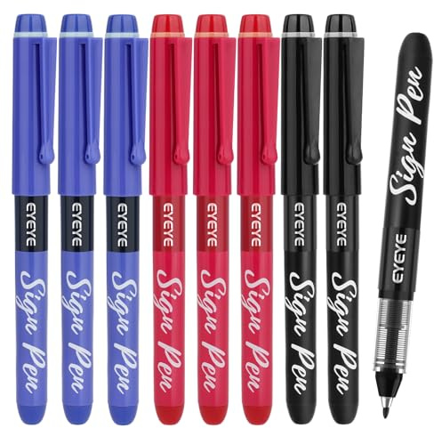 EYEYE 9 Pack 1.0mm Sign Pen Black, Blue, Red Rollerball Pen | Quick Dry, 1.0mm, Smooth Writing for Drawing Notes Taking School Office and Signature